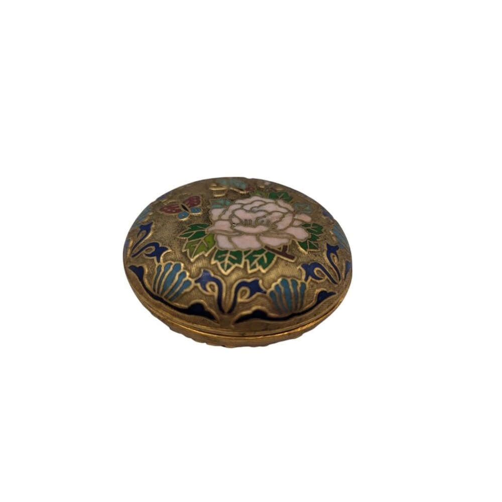 3" Vtg Chinese cloisonne enamel-on-gilt-brass round Trinket Box W Lid Flowers Bu - Picture 9 of 10